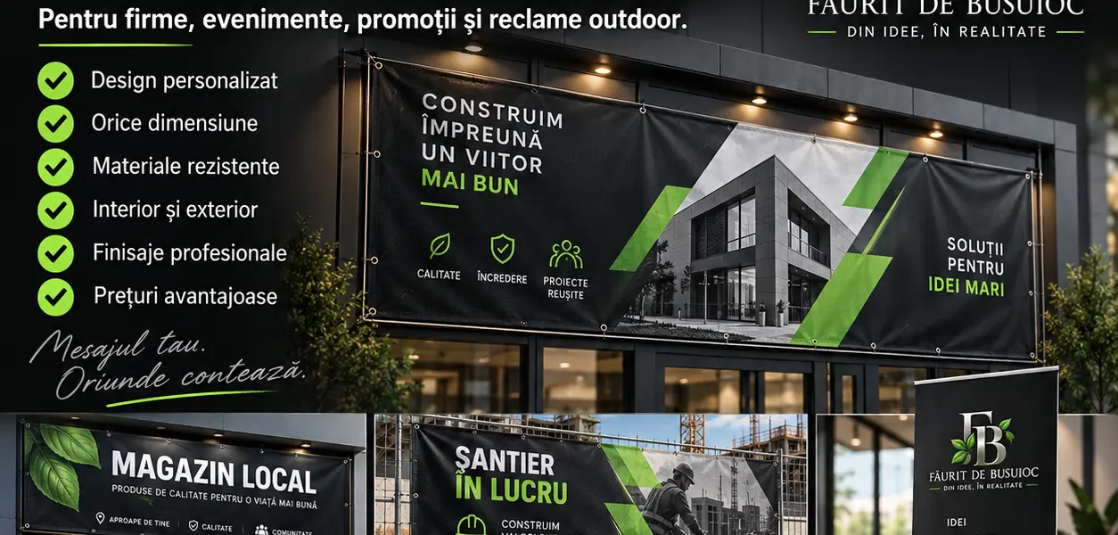 Banner personalizat montat pe fațada unei firme